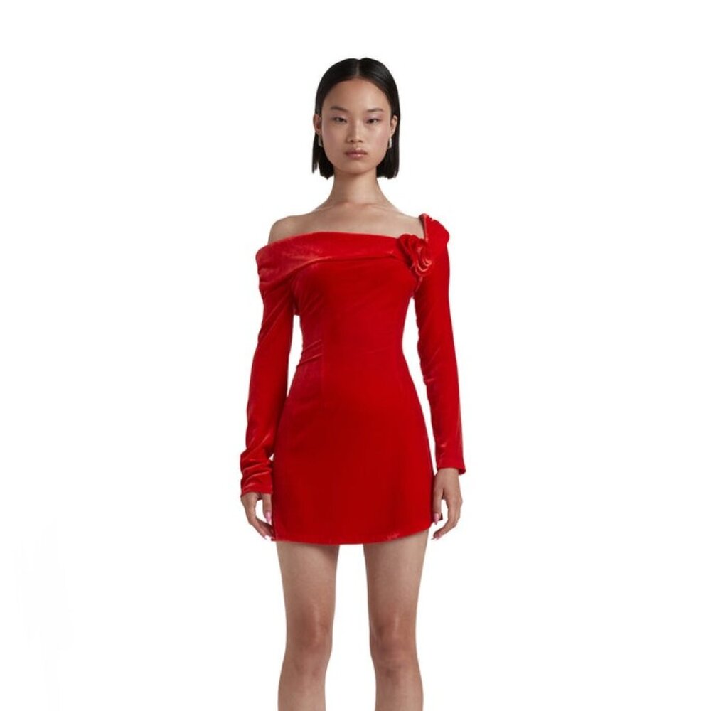 Mirae Scarlette Dress in Red velvet long sleeve off shoulder mini asymetrical
